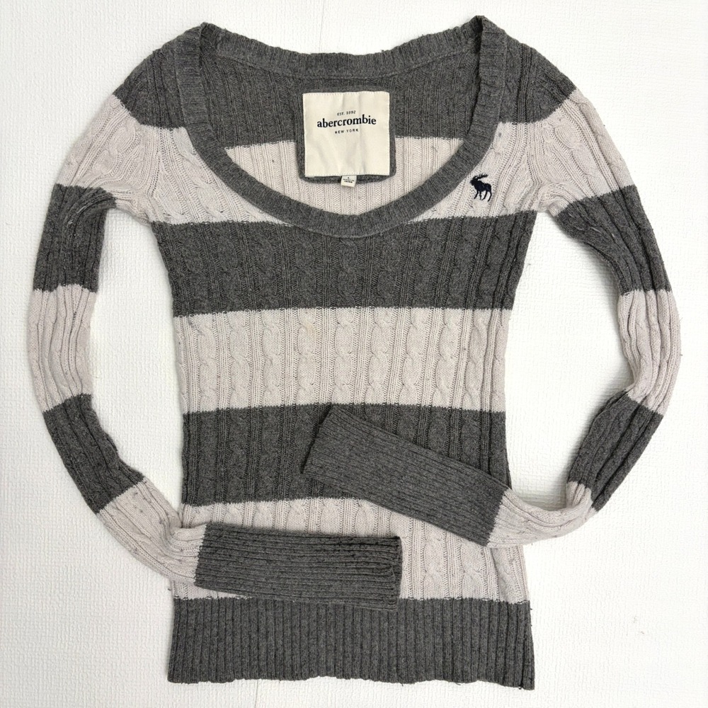 Abercrombie Sweater Cable Knit Striped Scoop Neck Size L Gray White